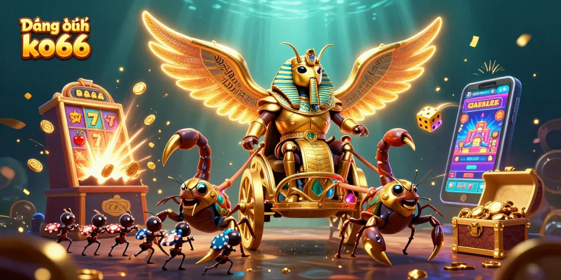Experience Đăng ký ko66 with vibrant casino elements, including a golden scarab, scorpions, and a jackpot explosion.