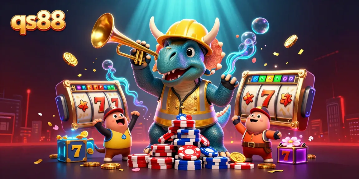 Play games at qs88 with a lively scene featuring a triceratops and celebration elements.