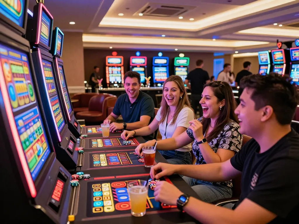 Exciting casino moment at MM88 with friends engaging around digital slot machine.