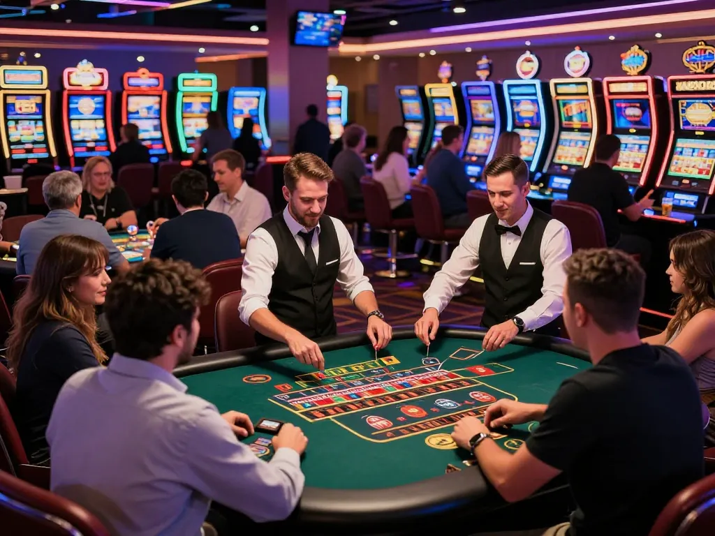 GO8 players enjoying a lively night at a casino with engaging table games and slot machines.