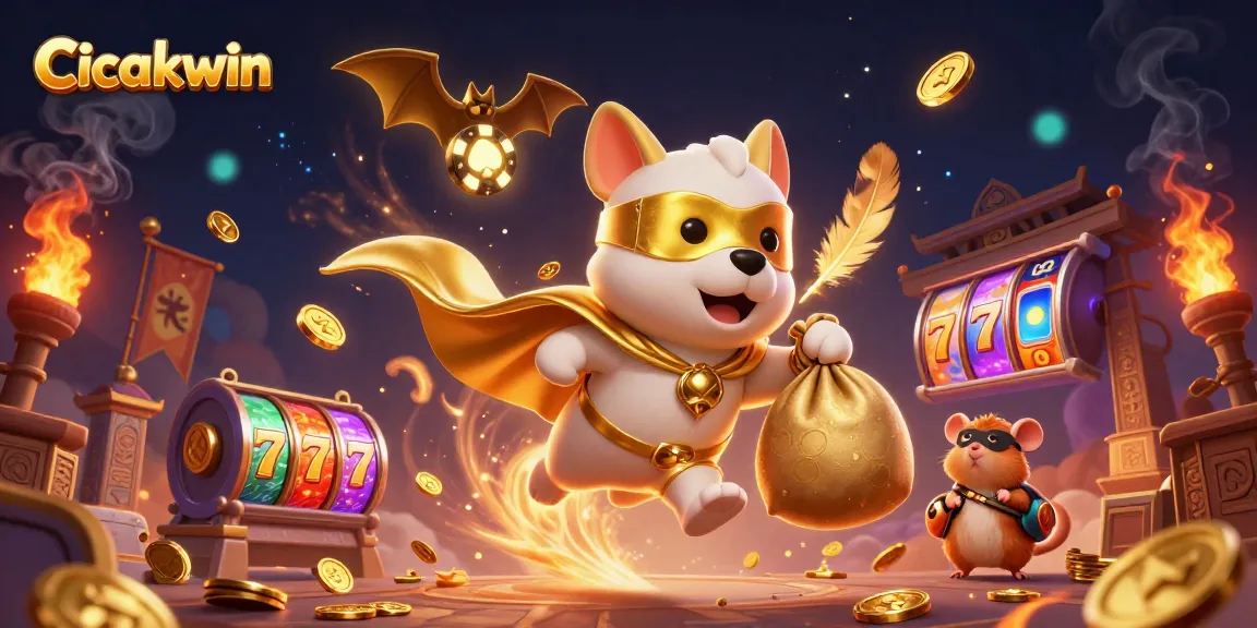Cicakwin offers thrilling gaming adventures with superhero dog and hamster in action near vibrant slot reels