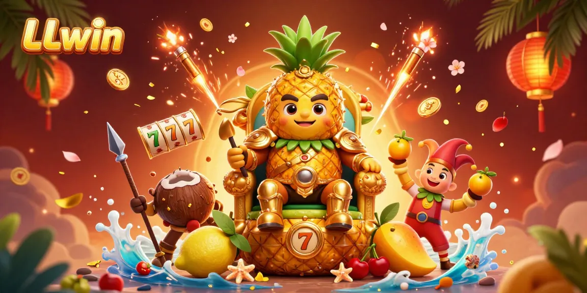 LLwin showcases a vibrant online casino scene with a golden pineapple king and dynamic games, spinning reels, and lively elements.