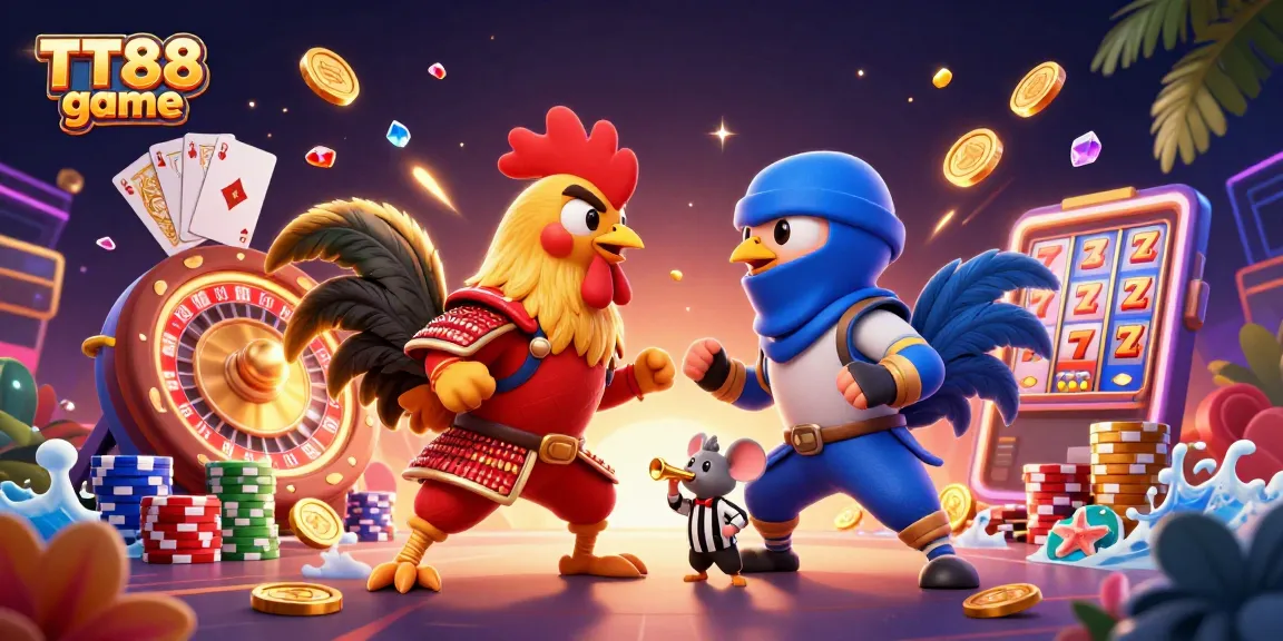 Engage in the TT88 game with dynamic 3D roosters and vibrant casino elements for a thrilling experience.