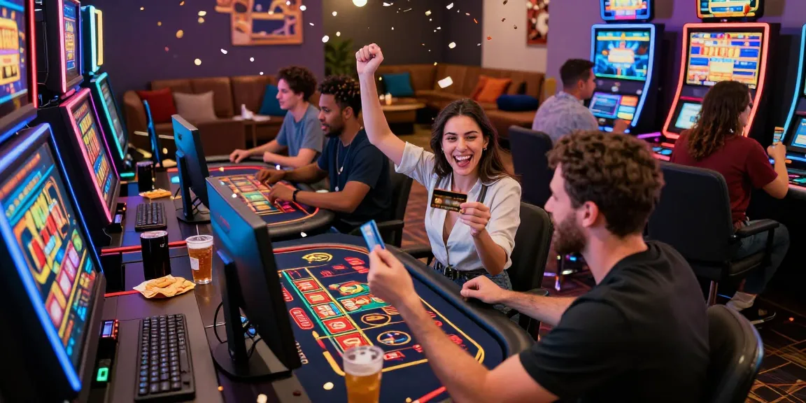 Players enjoying the excitement at credit card casinos with vibrant slot machines and live tables, celebrating wins with credit cards.