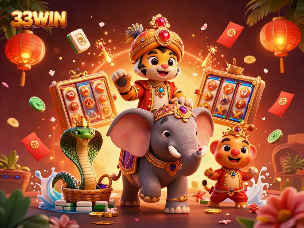 33WIN showcases a vibrant online casino scene with characters and rich gaming elements in an engaging illustration.