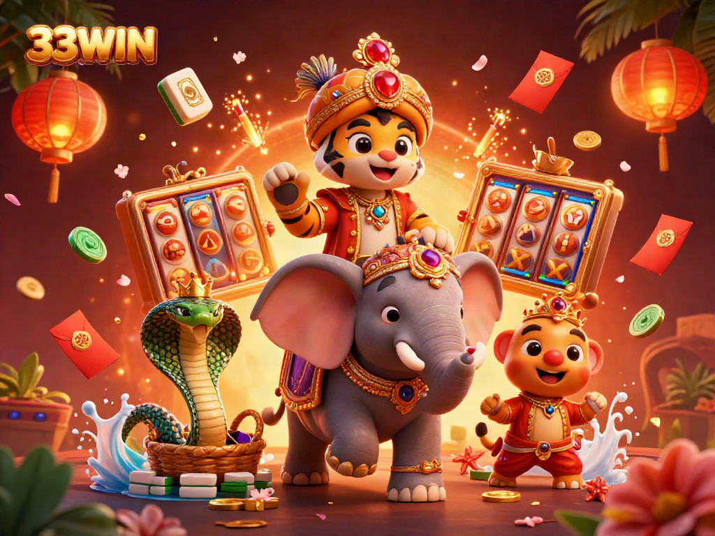 33WIN showcases a vibrant online casino scene with characters and rich gaming elements in an engaging illustration.