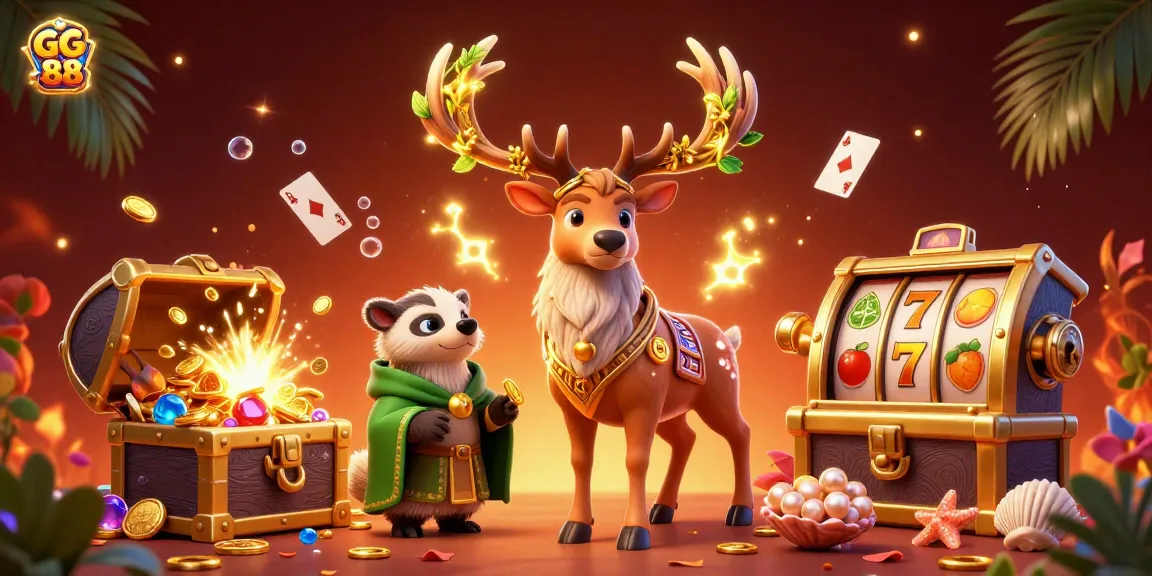 Engage with GG 88’s vibrant 3D illustration featuring a Celtic stag and badger amidst casino elements.