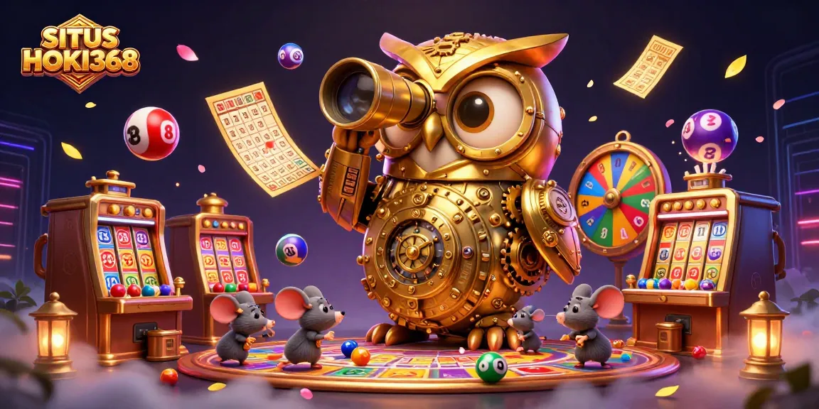 SITUS HOKI368 showcases an engaging casino scene with a golden owl and playful mice amidst vibrant gaming elements.