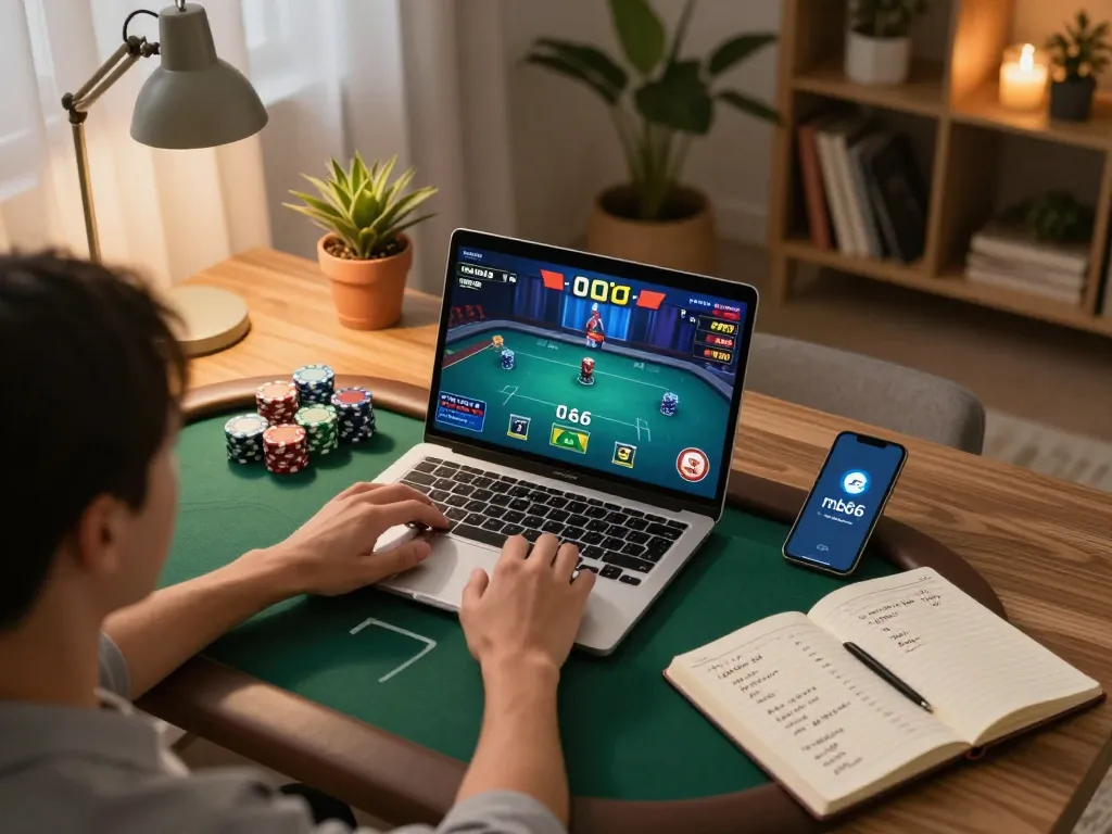 Engage with the mb66 link during an online poker session, showcasing a cozy home setup.