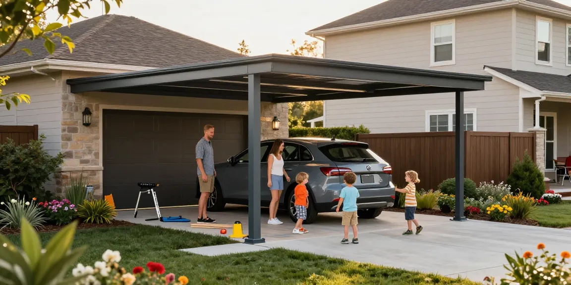 Moderne Carport-Installation in einem Garten mit Familie und spielenden Kindern.