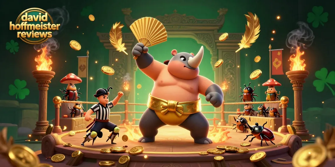 Engaging david hoffmeister reviews scene showcasing a sumo beetle stomping coins in an Asian casino.