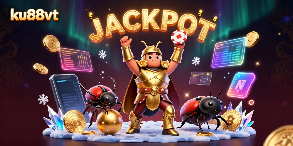 Experience the excitement of ku88vt with a victorious hercules beetle lifting a poker chip, celebrating wins amid glowing crypto coins.