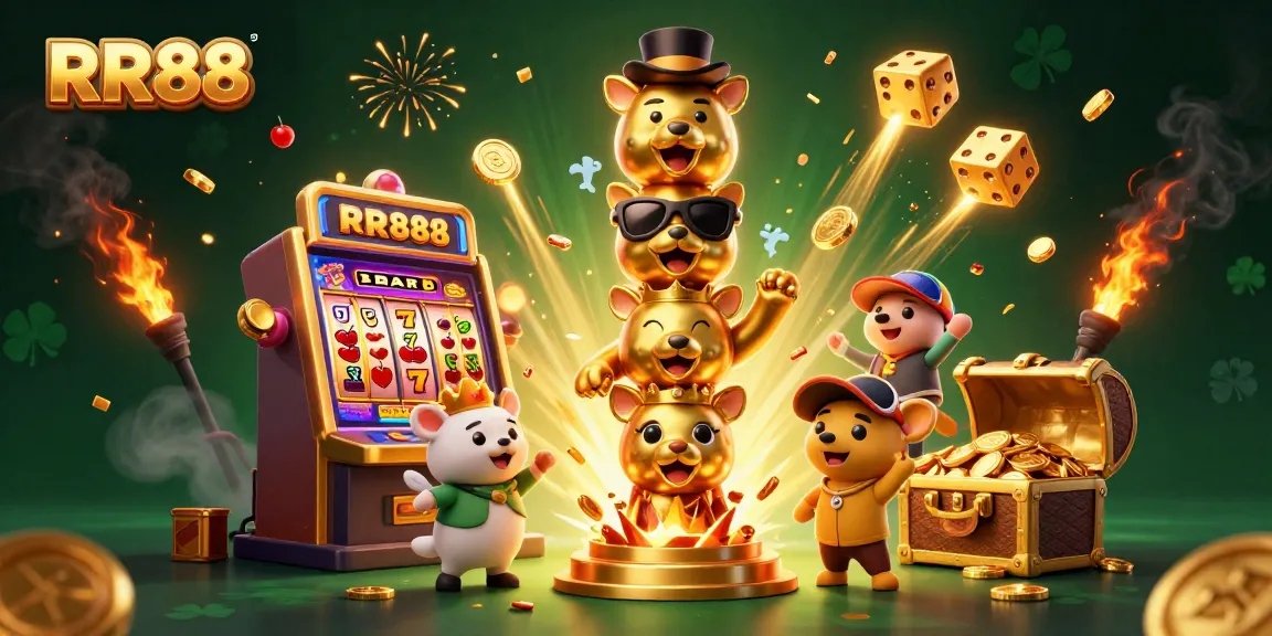Win at RR88 with a vibrant 3D casino-themed illustration showcasing animated characters and dynamic gaming elements.