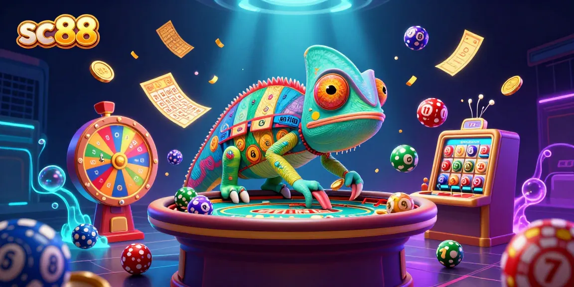 Experience excitement with sc88: Vibrant chameleon casino owner amidst lively game elements.