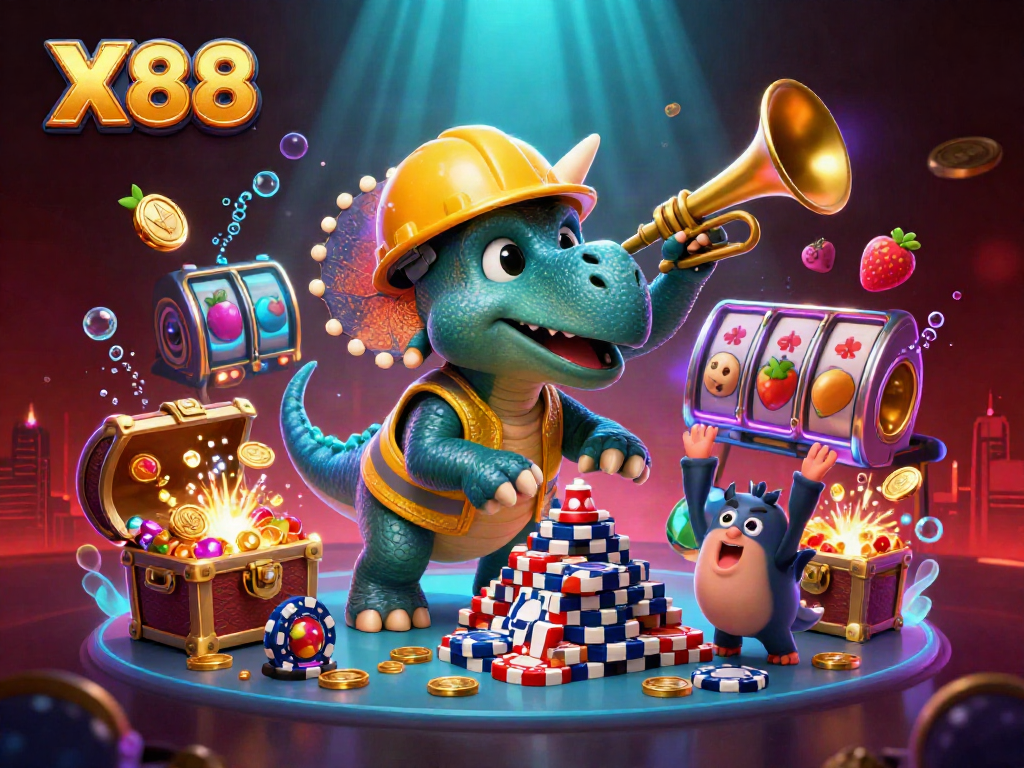 X88 engages players with a vibrant scene showcasing a triceratops and games symbols immersed in a casino world.