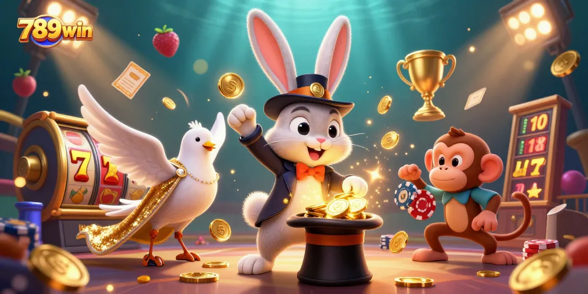 Engage with 789win's vibrant casino scene featuring a cartoon magician rabbit and dazzling game elements.