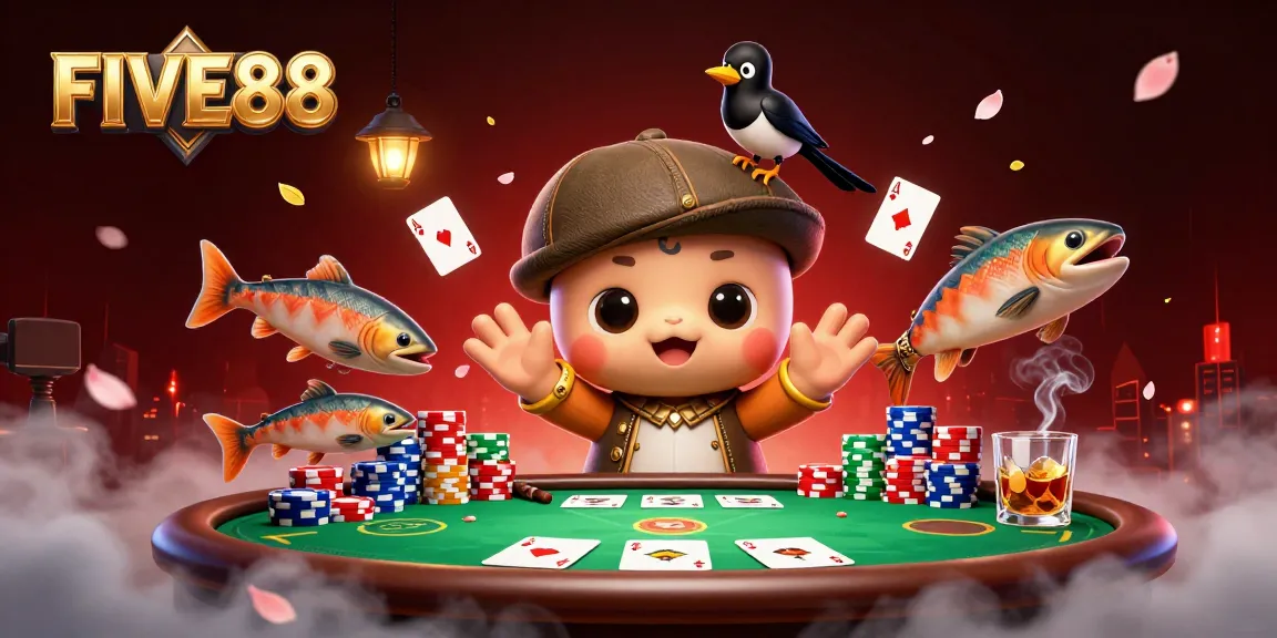 Experience the excitement of FIVE88 with a vibrant 3D illustration of gaming elements and characters.