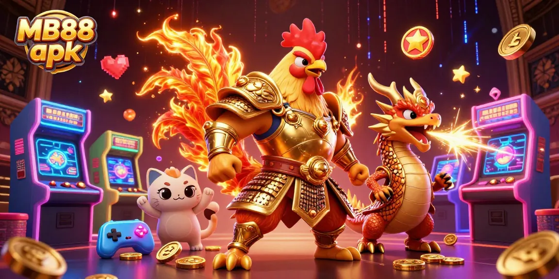 Join the excitement at MB88 apk with a powerful rooster and dragon as fortune cat cheers in a vibrant casino scene.
