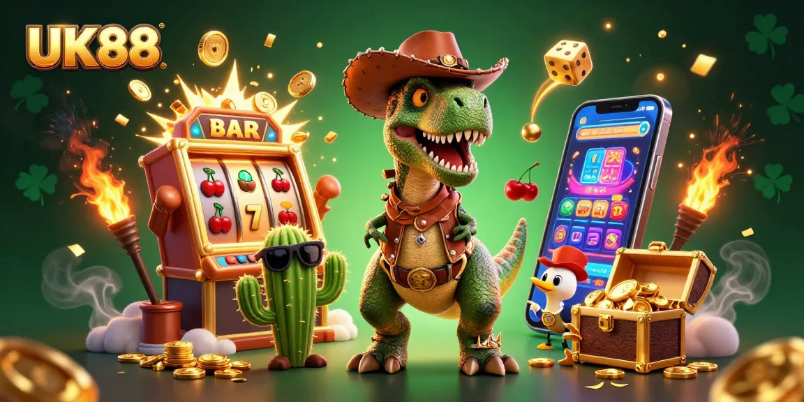 Play slots with UK88's exciting cartoon scene featuring a T-Rex, cactus, and roadrunner amidst jackpots