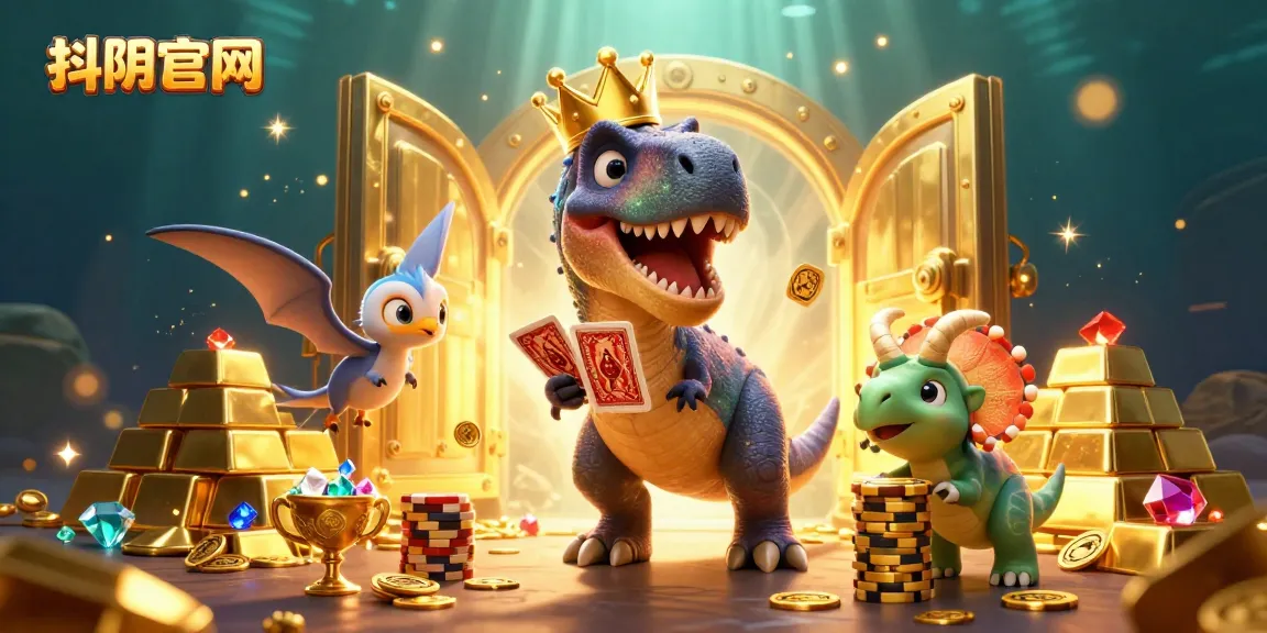 Engage with 抖阴官网 by exploring a playful scene featuring a T-Rex shuffling cards and a triceratops stacking chips in a vibrant casino.