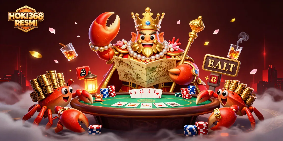 Engage with HOKI368 RESMI in an ultra-detailed 3D casino scene featuring a golden crab emperor.