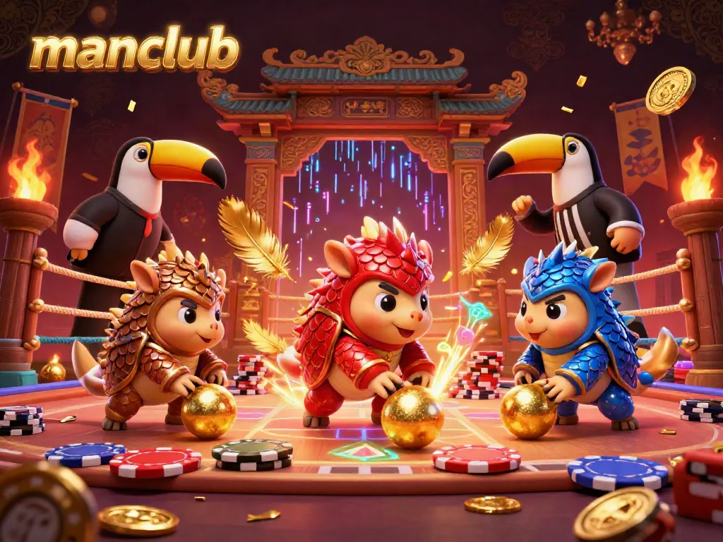 Watch the manclub pangolins compete in a thrilling poker showdown amidst vibrant casino scenery.