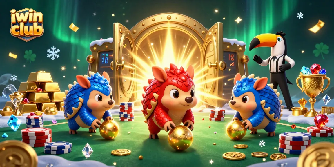 Experience the excitement of iwin club with a dynamic scene featuring rival pangolins and poker chips.