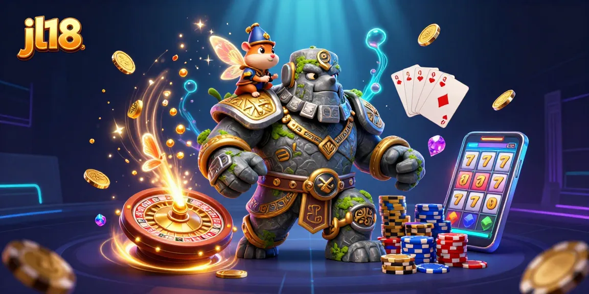 Engage in thrilling games at jl18 with a stone golem guardian and magical fairy surrounded by coins and cards.