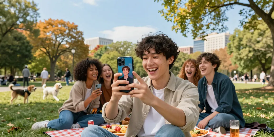 Youthful person discovering look alikes of famous people using a smartphone in a lively park.