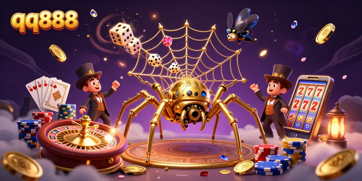 qq888 jackpot gaming scene with a steampunk spider and golden coins flying dynamically.