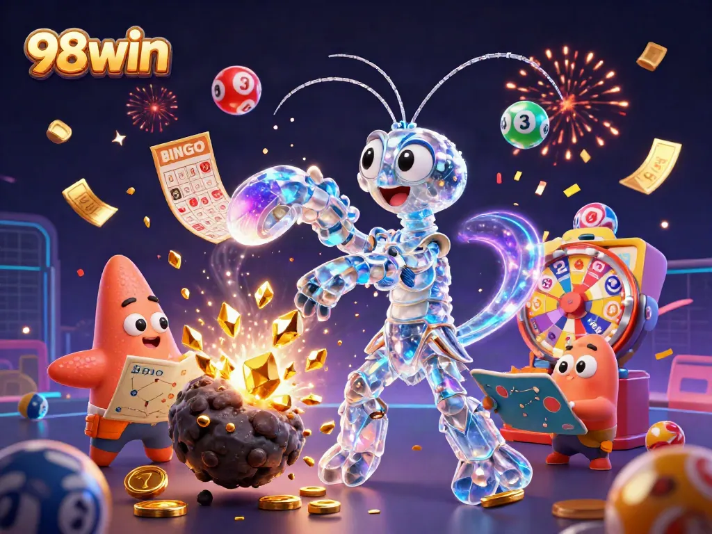 Experience thrilling gaming adventures with vibrant elements depicting 98win, featuring exciting lottery and prize visuals.