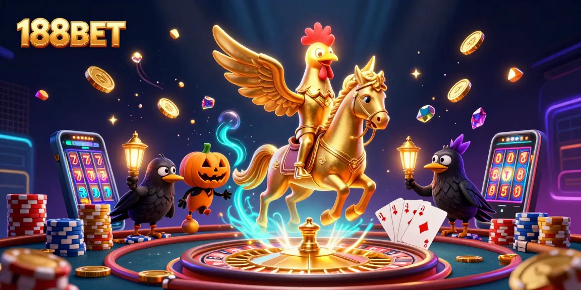 Experience thrilling moments at 188BET with a golden rooster amidst dazzling casino elements.