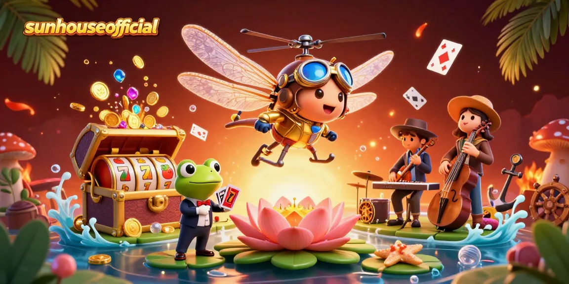 Experience the excitement of gaming at sunhouseofficial with a vibrant casino scene featuring a dragonfly pilot and frog croupier.