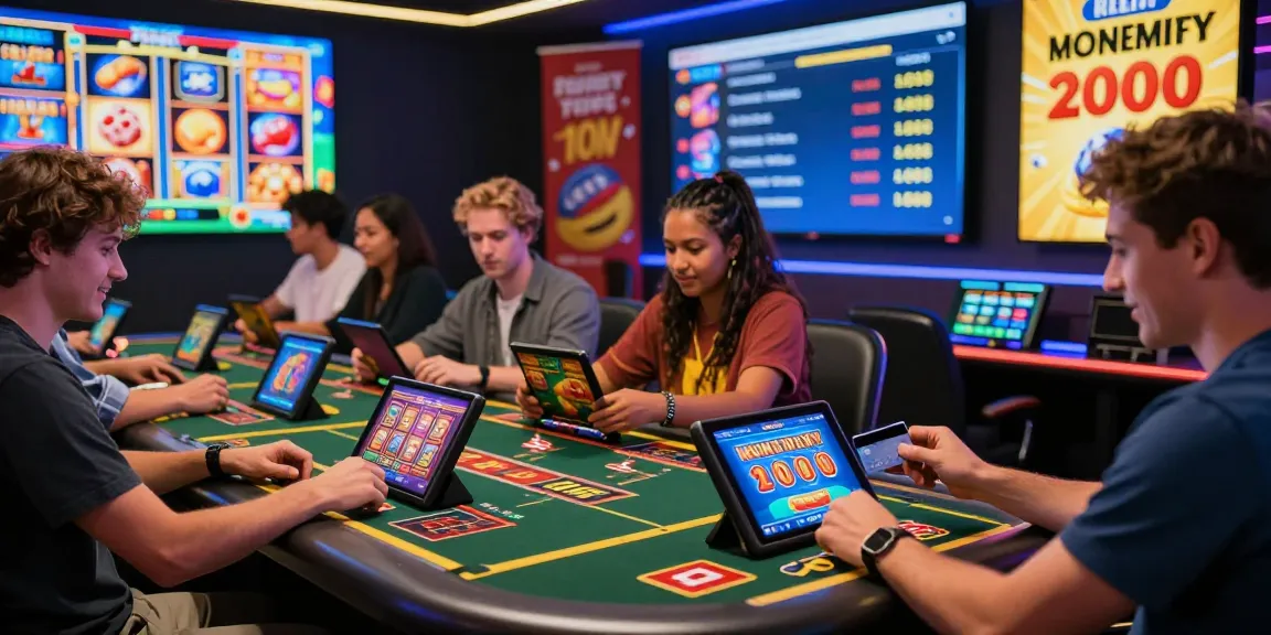 Exciting scene of diverse players at credit card casinos enjoying games on their devices, showcasing vibrant atmosphere and winning moments.