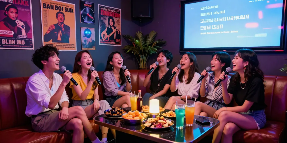Group singing at a lively 강남가라오케 lounge with colorful lights