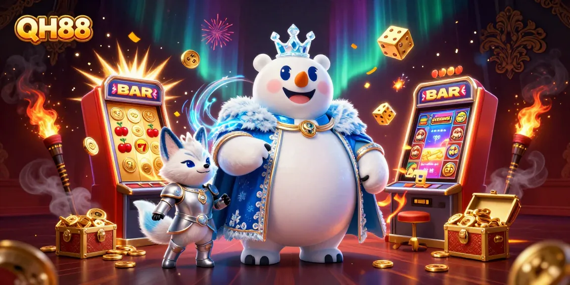 Immerse in QH88's vibrant world of gaming with colorful slot machines and winning chances.