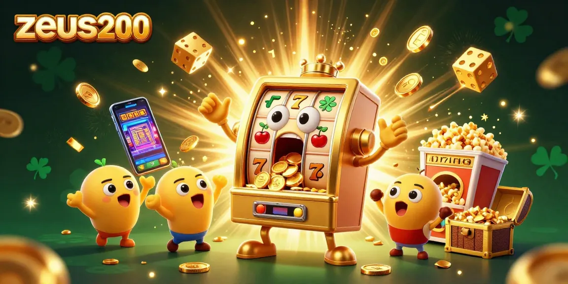 mesin slot zeus200 merayakan jackpot dengan hsok, dikelilingi koin dan mesin judi kecil