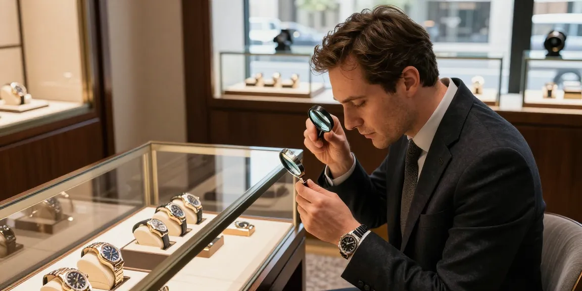 Examining high-quality replica watches in an elegant showroom, showcasing luxury and craftsmanship