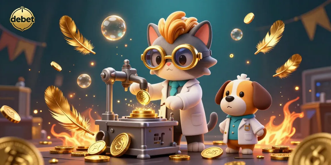 Experience the excitement at debet with a vibrant 3D scene showcasing gambling elements and a mad scientist cat.