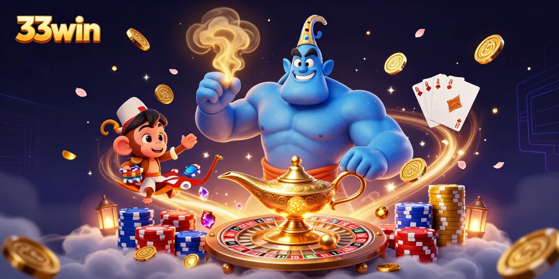 Join the excitement at 33win with a dazzling genie and poker chips in this vibrant casino scene.