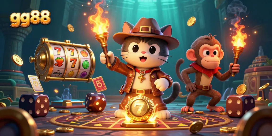Explore thrilling slot games with gg88, featuring vibrant characters, gold coins, and dynamic casino elements.