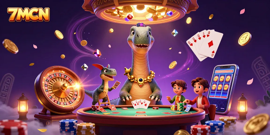 Experience thrilling gaming with 7MCN's stunning casino scene featuring a gigantic brontosaurus.