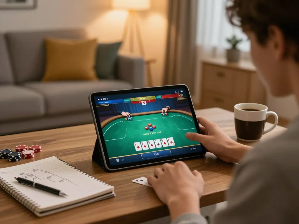 Engaged player enjoying poker gameplay at GO99 com online casino on tablet in a cozy home setting.