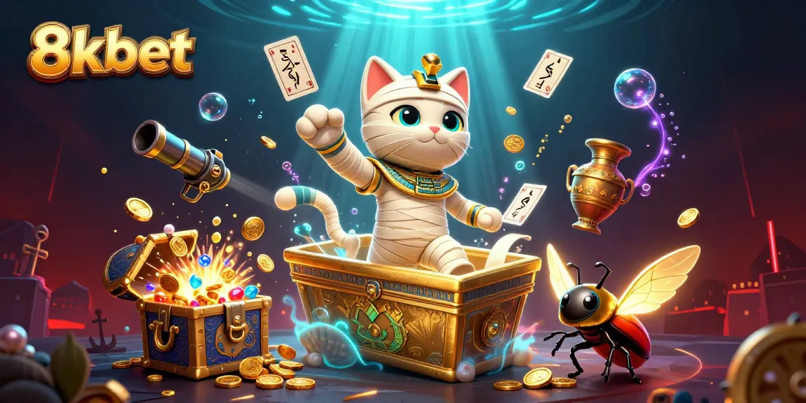 8xbet transforms your gaming experience as the Egyptian mummy cat bursts out in a vibrant casino scene.