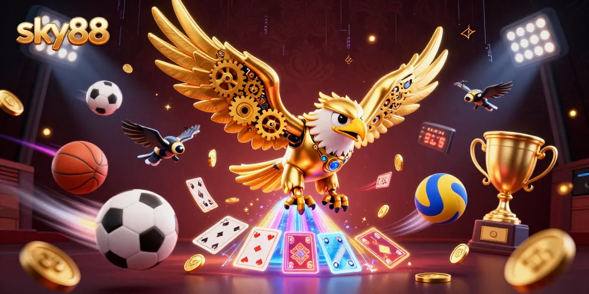 Sky88 delivers thrilling sports betting excitement with a dynamic 3D illustration of a cybernetic eagle amidst holographic elements.