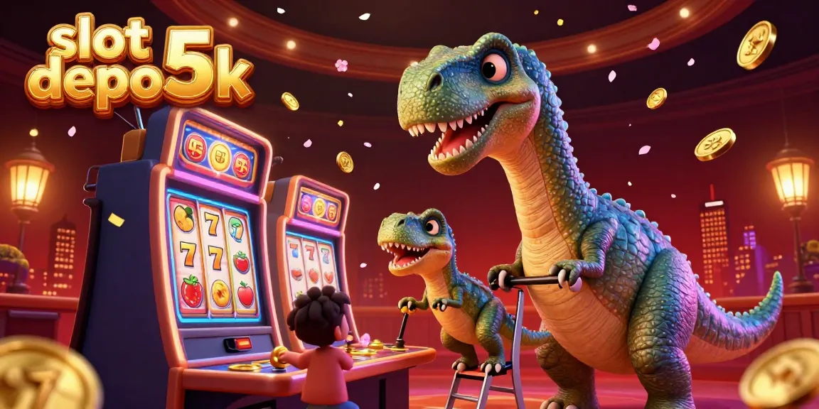 Engage with slot depo 5k featuring a playful brontosaurus and raptor illustrating a vibrant slot machine scene.