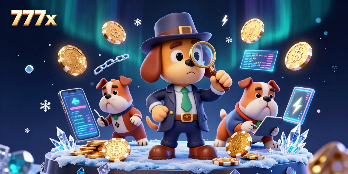 Engage with 777x in this richly detailed illustration showcasing our cartoon detective solving secrets in a crypto casino.