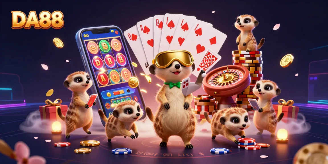 Experience the thrill of DA88 through animated meerkat characters in a lively casino setting.