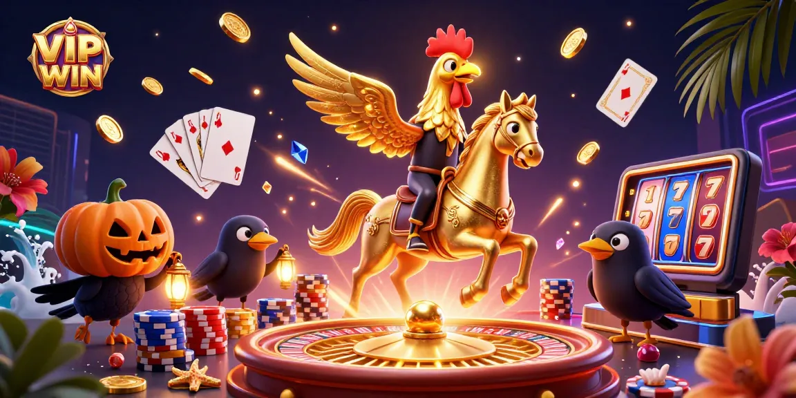 Experience the excitement of VIPWIN casino with glowing characters, golden coins, and dynamic gaming elements.