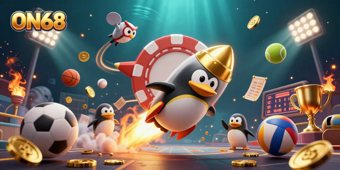 Bet on sports with ON68: a golden penguin blasting into a casino-themed universe filled with excitement.